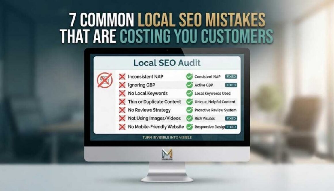 A professional computer screen graphic displaying a Local SEO Audit comparison checklist, contrasting common mistakes with fixed strategies, paired with the headline "7 Common Local SEO Mistakes That Are Costing You Customers."