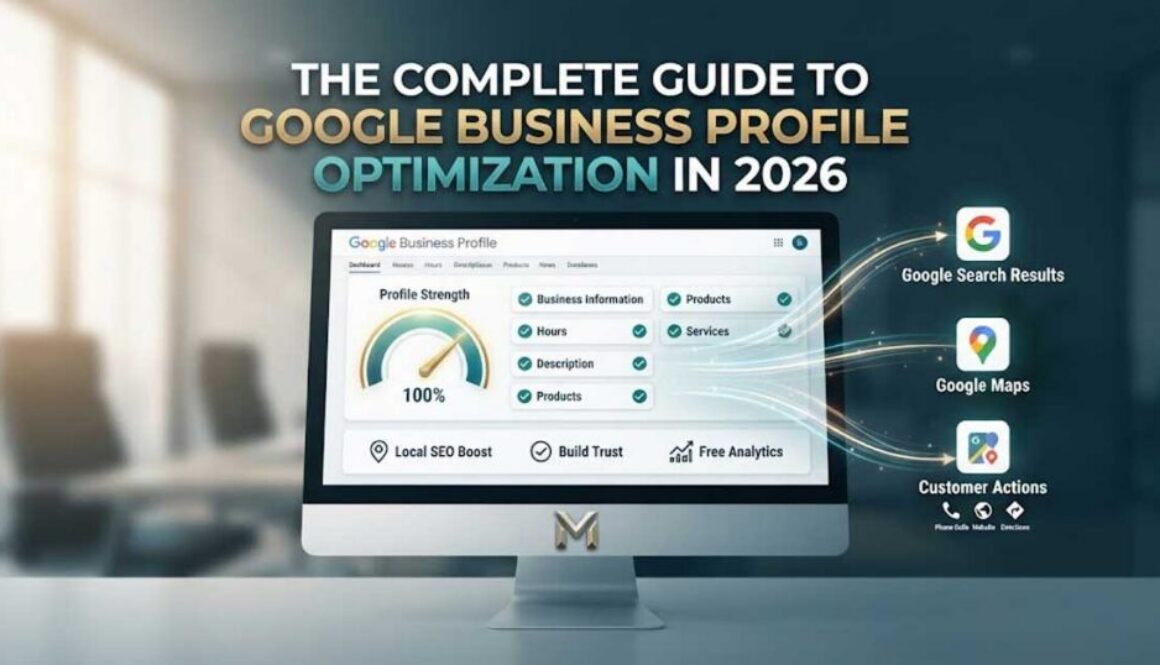 A professional infographic visual guide for optimizing a Google Business Profile in 2026, featuring a 100% profile strength dashboard, key completion checklists, and arrows pointing to improved visibility in Search and Maps.