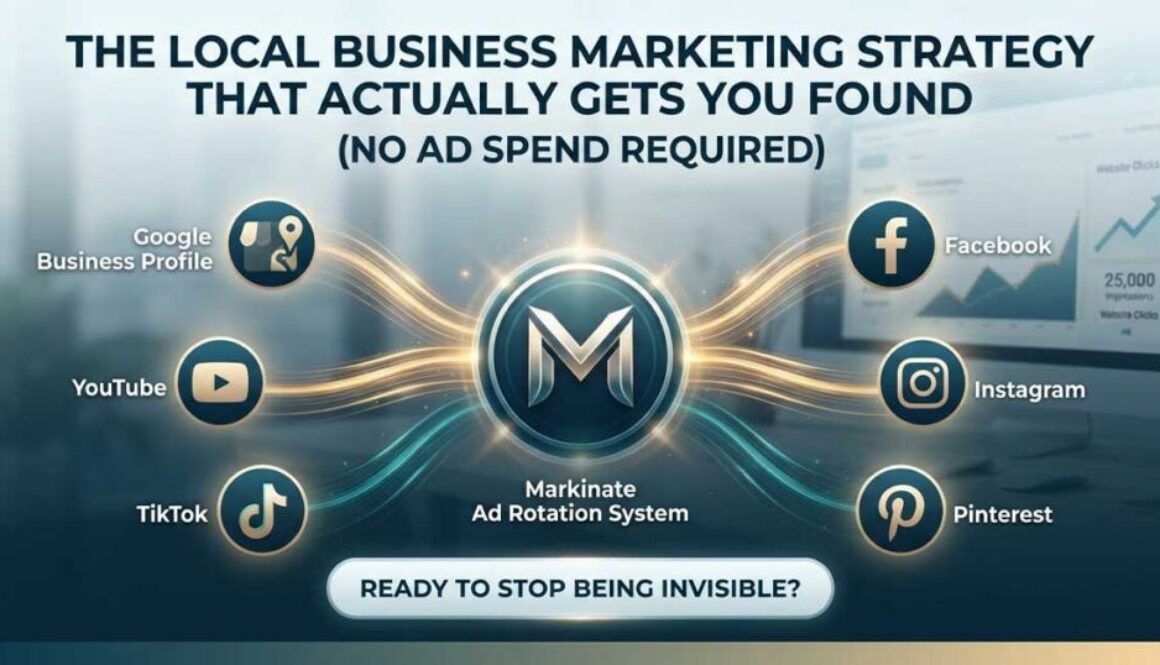 A graphic displaying the title "The Local Business Marketing Strategy That Actually Gets You Found (No Ad Spend Required)" with the Markinate Ad Rotation System connecting to six platforms: Google Business Profile, YouTube, TikTok, Facebook, Instagram, and Pinterest.