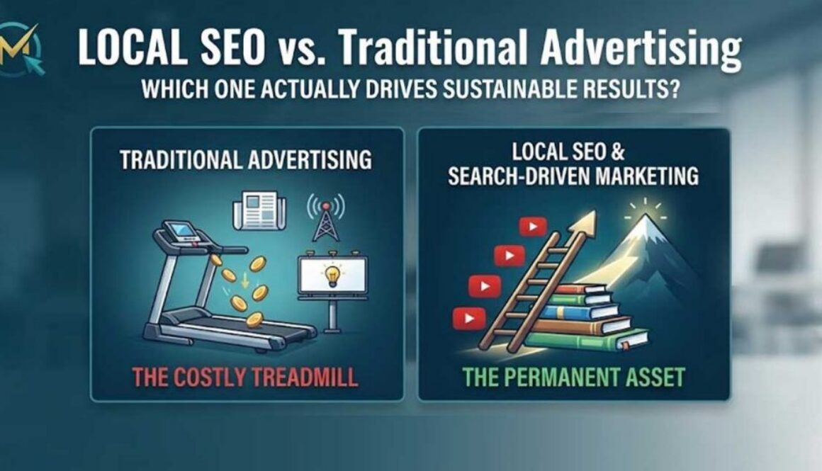 A professional comparison infographic showing traditional advertising as a costly treadmill versus local SEO and search-driven marketing as a ladder building permanent assets.