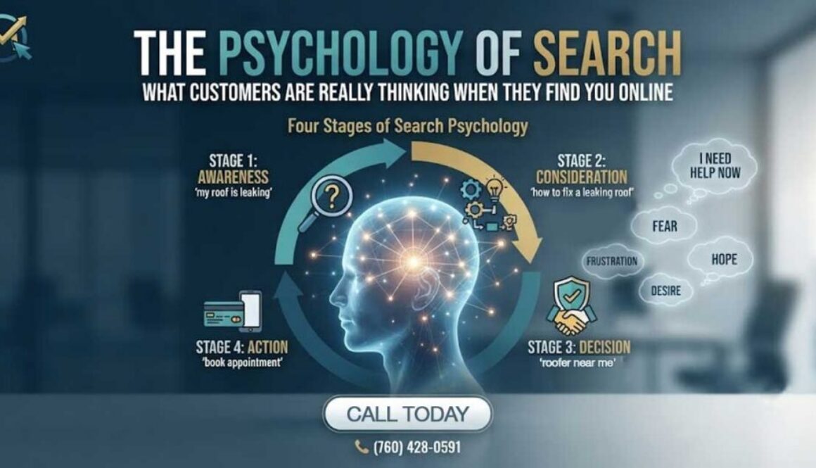 A professional digital graphic illustrating the four stages of search psychology (awareness, consideration, decision, and action) around a glowing human mind, paired with the headline "The Psychology of Search: What Customers Are Really Thinking When They Find You Online" and the Markinate logo.