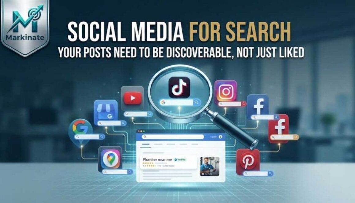 A professional digital graphic showing social media platform icons connected to search bars and a magnifying glass, paired with the headline "Social Media for Search: Your Posts Need to Be Discoverable, Not Just Liked" and the Markinate logo.