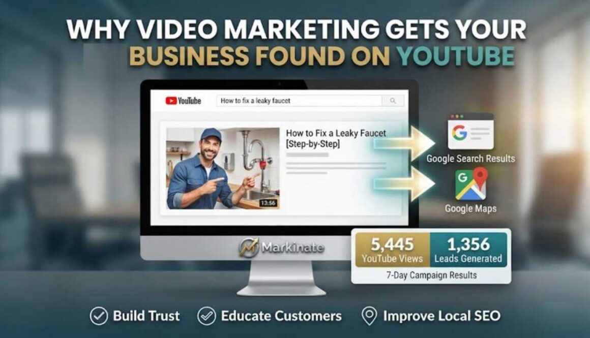 A professional infographic visual guide illustrating why video marketing on YouTube improves business visibility, showing a YouTube search result for a plumbing repair that then connects to improved Google Search and Maps rankings. Includes key metrics like "5,445 Views" and "1,356 Leads."
