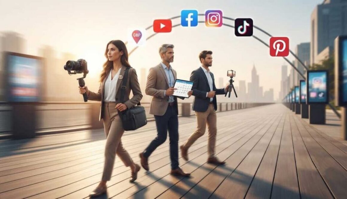 A professional marketing team walking together in a modern city setting with motion blur conveying momentum, connected by an arc linking major social media and search platforms.