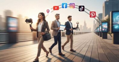 A professional marketing team walking together in a modern city setting with motion blur conveying momentum, connected by an arc linking major social media and search platforms.