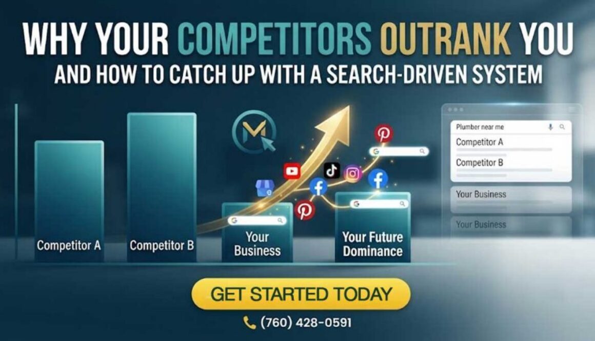 A professional blog graphic visualizing competitive SEO ranking, with a bar chart showing competitors ahead of "Your Business," followed by a golden arrow path leading to future dominance across six social/search platforms.